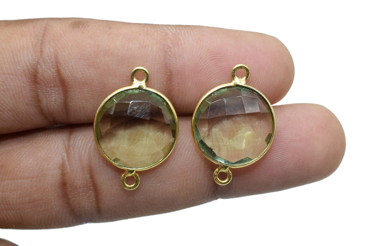 Green Amethyst 14mm Round Double bail connectors,Gold Plated bezel,Green Amethyst Pendant,February Birthstone Coin Links,Jewelry Findings