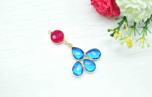 Pink Chalcedony Pendant Charms , Blue Topaz Dangle Earring Component , Multi Gemstone Dangle Earring , Component Jewelry , B'day Gift