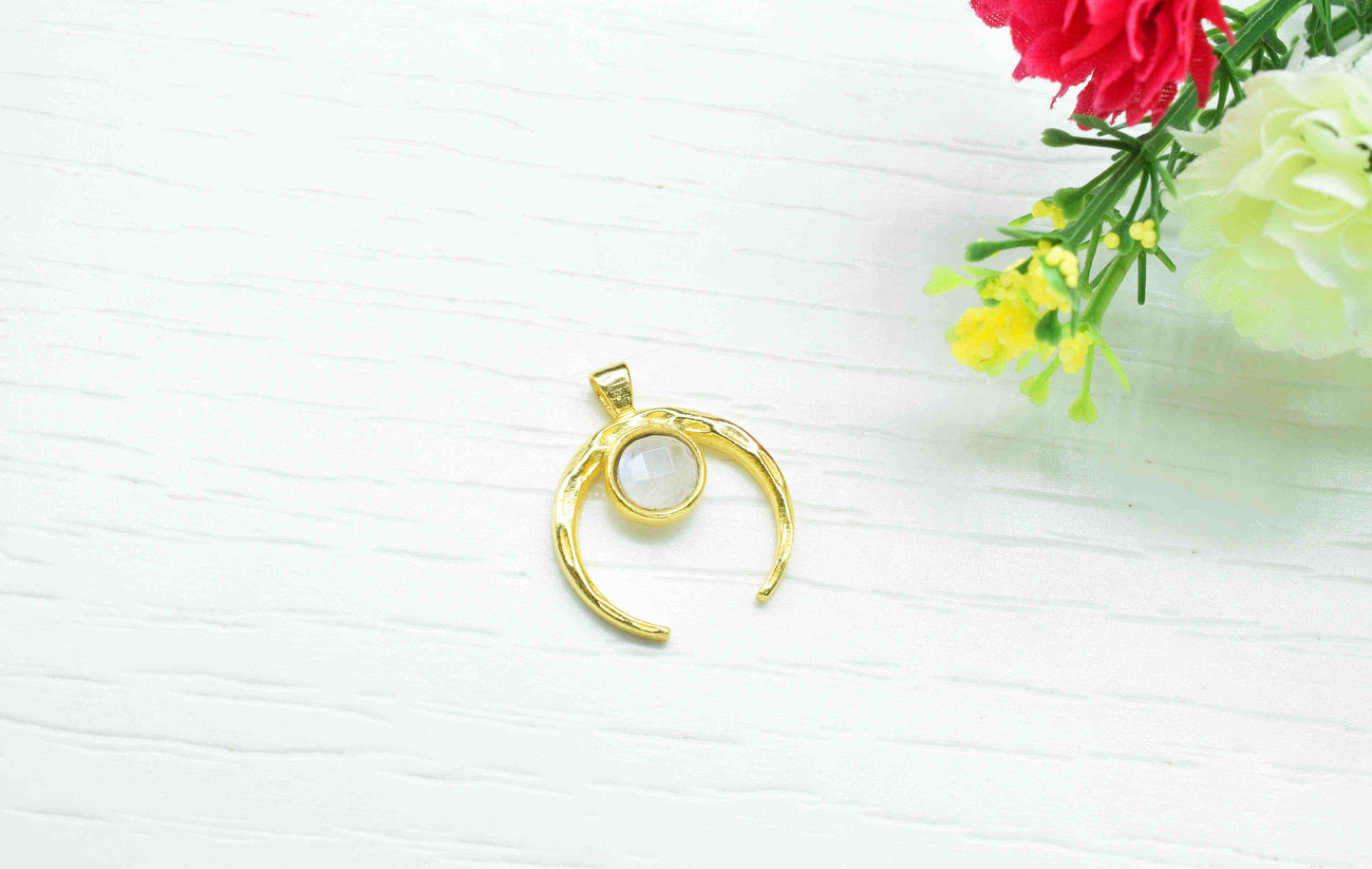 Moonstone Pendant , Single Bail Charm , Moonstone Connector Pendant , Gold Plated Connectors , Single Bail Gemstone Connector Charm