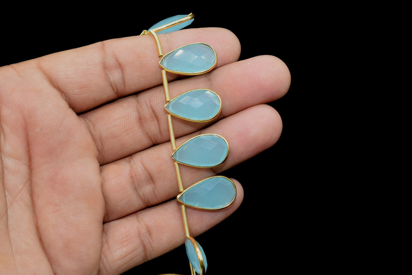 Aqua Chalcedony Side to Side Drilled chrams,Faceted Teardrop Gold Bezel ,pendant,earring findings,connector,Gemstone drilled bezel strand