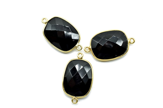 Black onyx 15x20mm cushion Double bail connectors,Black onyx Pendant,Black onyx Round Gold Plated bezel,jewelry making charm,onyx connector