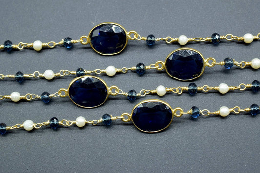 3mm London Blue topaz Rosary,Blue topaz Bezel Link Chain,Pearl Beaded Rosary,Dual Gemstone Rosary Chain,Gold Plated Bezel Chain,Beaded Chain