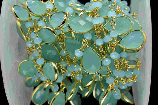 Aqua Chalcedony 8x12mmTeardrop Shape Bezel Chain,Chalcedony Faceted Beads Chain,Handmade Bezel Link,Aqua Jewelry,Beads Jewelry Making Chains