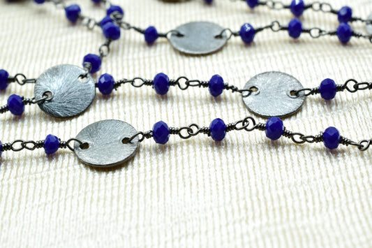 Blue Sapphire Beaded Chain 3mm-3.5mm Rosary Chain, Gold Plated Wire Wrapped Chain,charms chain,coin charms,sapphire charms,blue color chain
