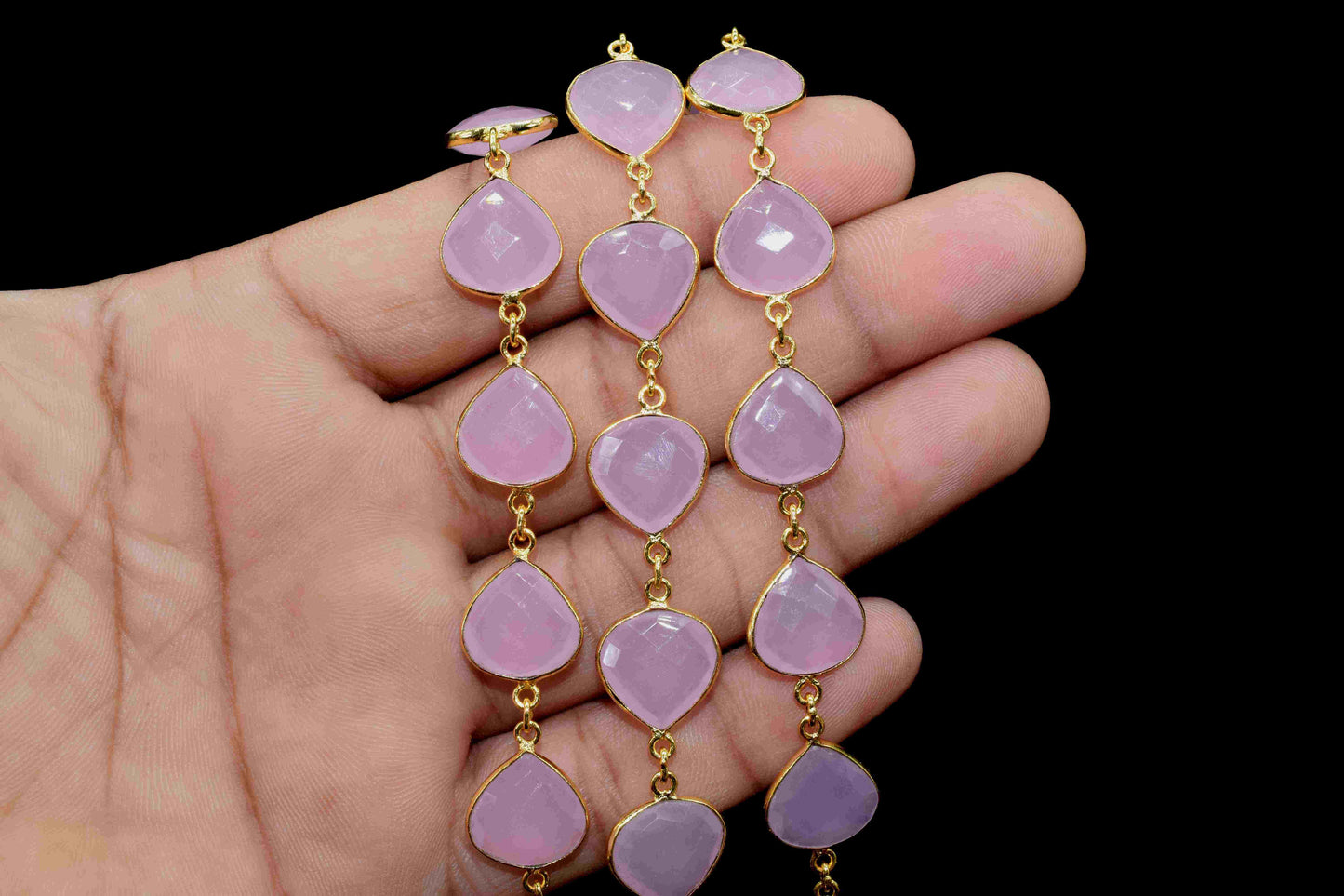 Rose Quartz Gold Plated Bezels Chain, 12mm Heart Shape Bezels Chain, Rose Quartz Briolette Faceted Connectors Chain, Gemstone Bezels Jewelry