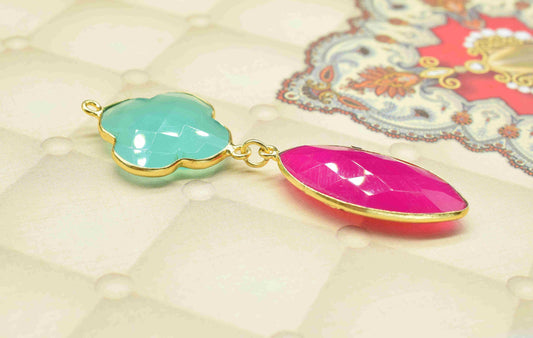 Aqua Quartz Component pendants,Multi Stone Dangle Earrings,Clover Shape Pendant Jewelry,Dangle pendant Charms,pink Gemstone Connector,gift