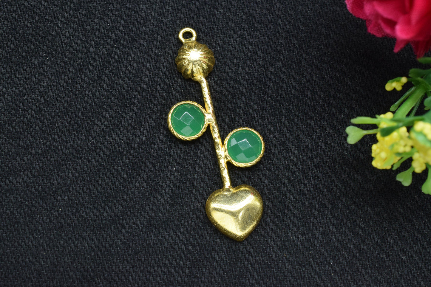 Green Onyx Pendant/Gemstone Component/Faceted Cut Green Onyx/Single Bail Charm/Necklace Pendant/Heart Shape Charm/Wholesale Supply/Gold Plat
