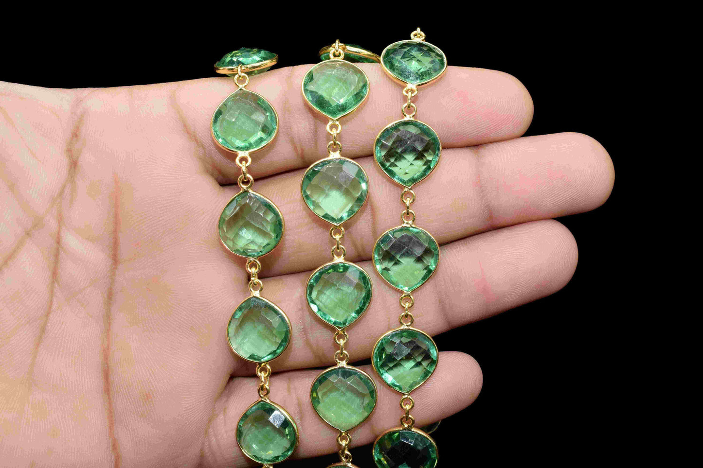 Emerald Quartz 12mm Heart Shape Bezels Chain,Emerald Checker Cut Gemstone Bezel Connector Chain,Handmade Heart Shape Connector Jewelry Chain