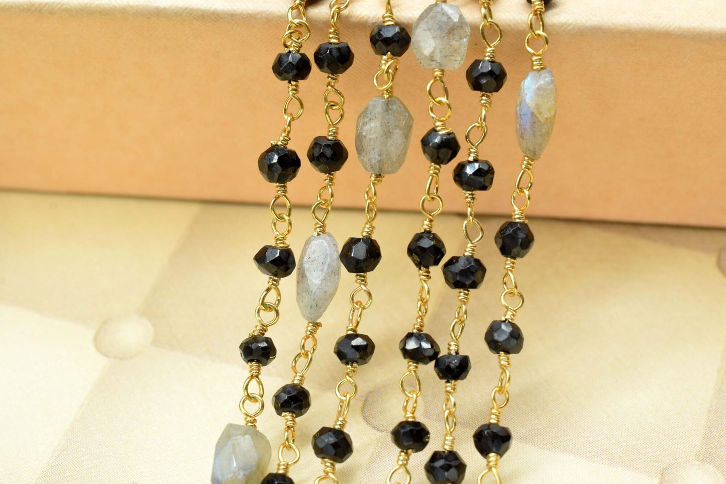3-3.5 mm Black Rosary Chain,Black Onyx Faceted Beaded Chain,Wire Wrapped Silver Plated Chain,labradorite oval cut rosary ,dual gemstone ,