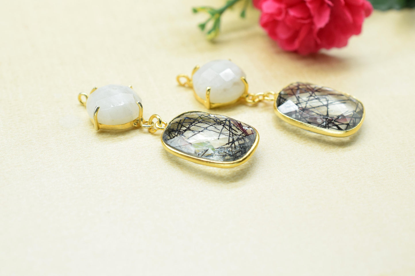 Moonstone Prong Setting Bezel Charm/Handmade jewelry/Black Onyx Connector/Earring Connector/Multi Stone Pendant/Station Bezel Link/Gift