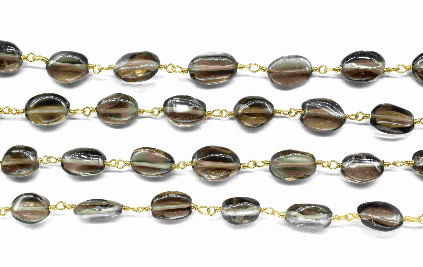 Smoky Quartz smooth Beads Rosary Jewelry,Smoky Gemstone Oval Shape Gold Plating Chain,Smoky beaded Chain,Smoky Wire Wrapped Beads Link Chain