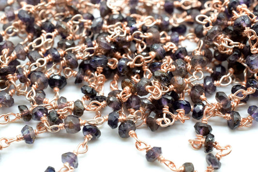 Rose Gold Plated iolite Rosary Chain,Purple Crystal Beaded Chains,3mm iolite Beaded Chain,Wholesale Price Rosary Roll,Faceted beads,