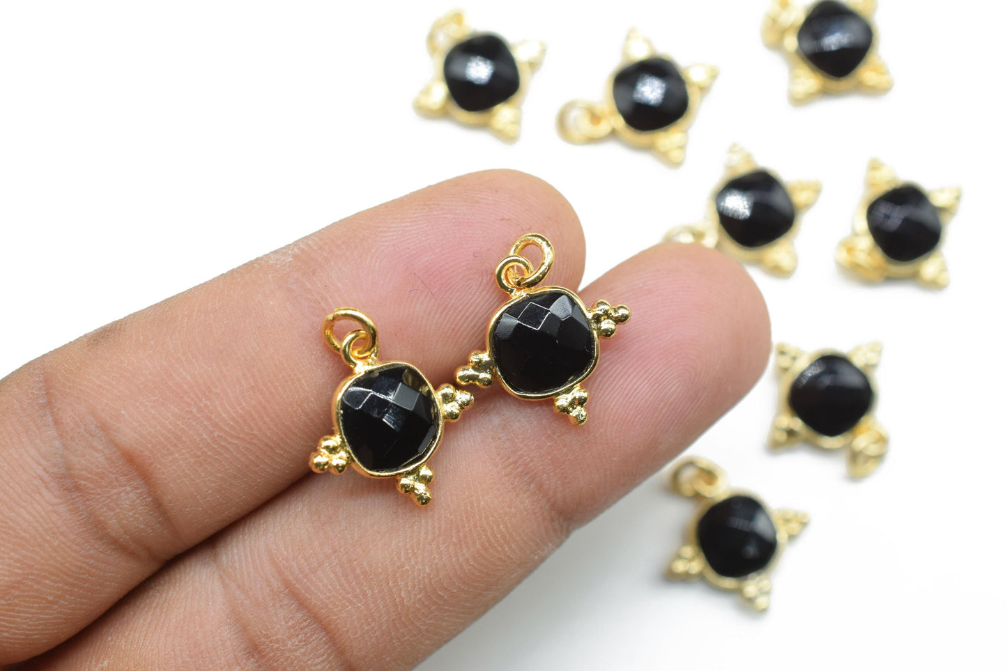 Black Onyx 8mm Cushion Bezel charm/Station Bezel Link Supplies/Black Onyx Jewelry Making/Square Pendant//Gemstone Connector Pendant/Gift