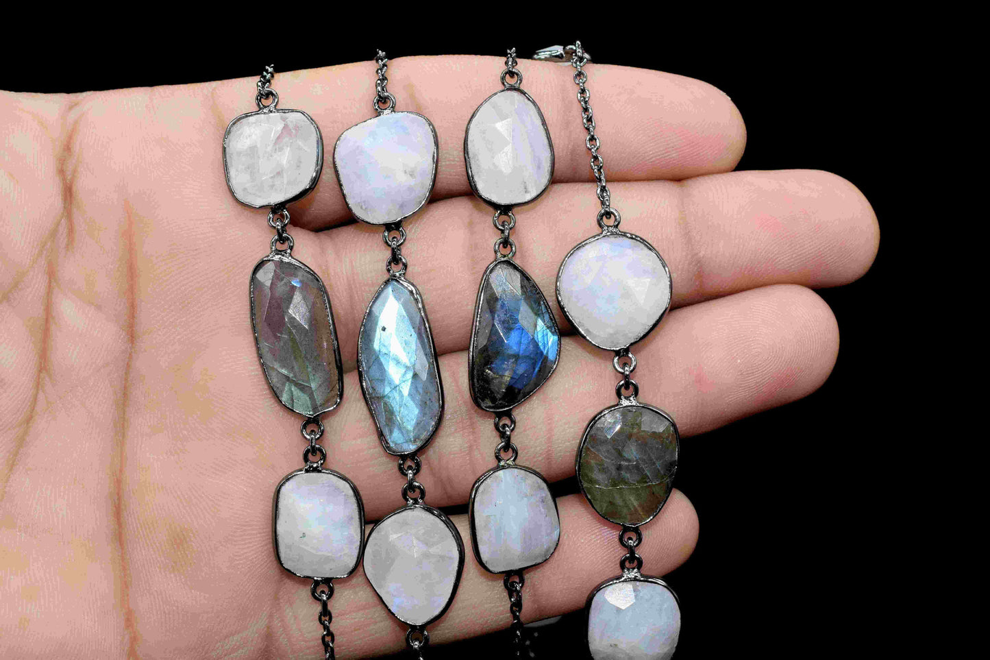 Rainbow Moonstone Mixed Shape Faceted Bezel Chain,Labradorite Handmade Bezel Link Chain,Gemstone Bezel Connector Rosary,Black Rhodium Bezel
