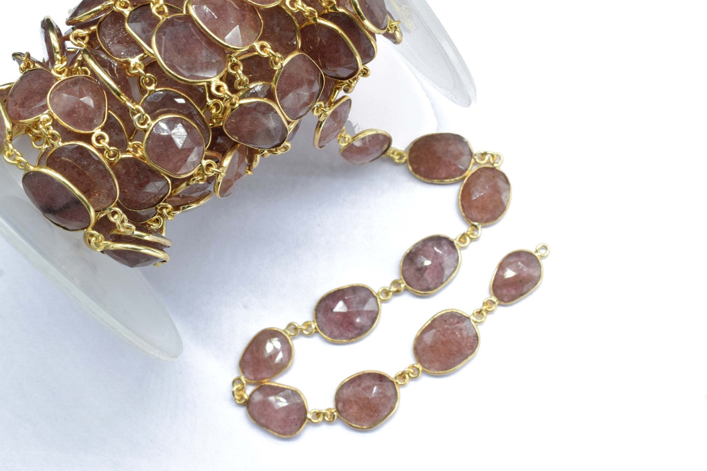 Pink Strawberry Faceted Connector,Gold Bezel Chain,Free Size Gemstone Connector,Station Handmade Bezel Link Chain,Pink Stawbery Jewelry,Gift