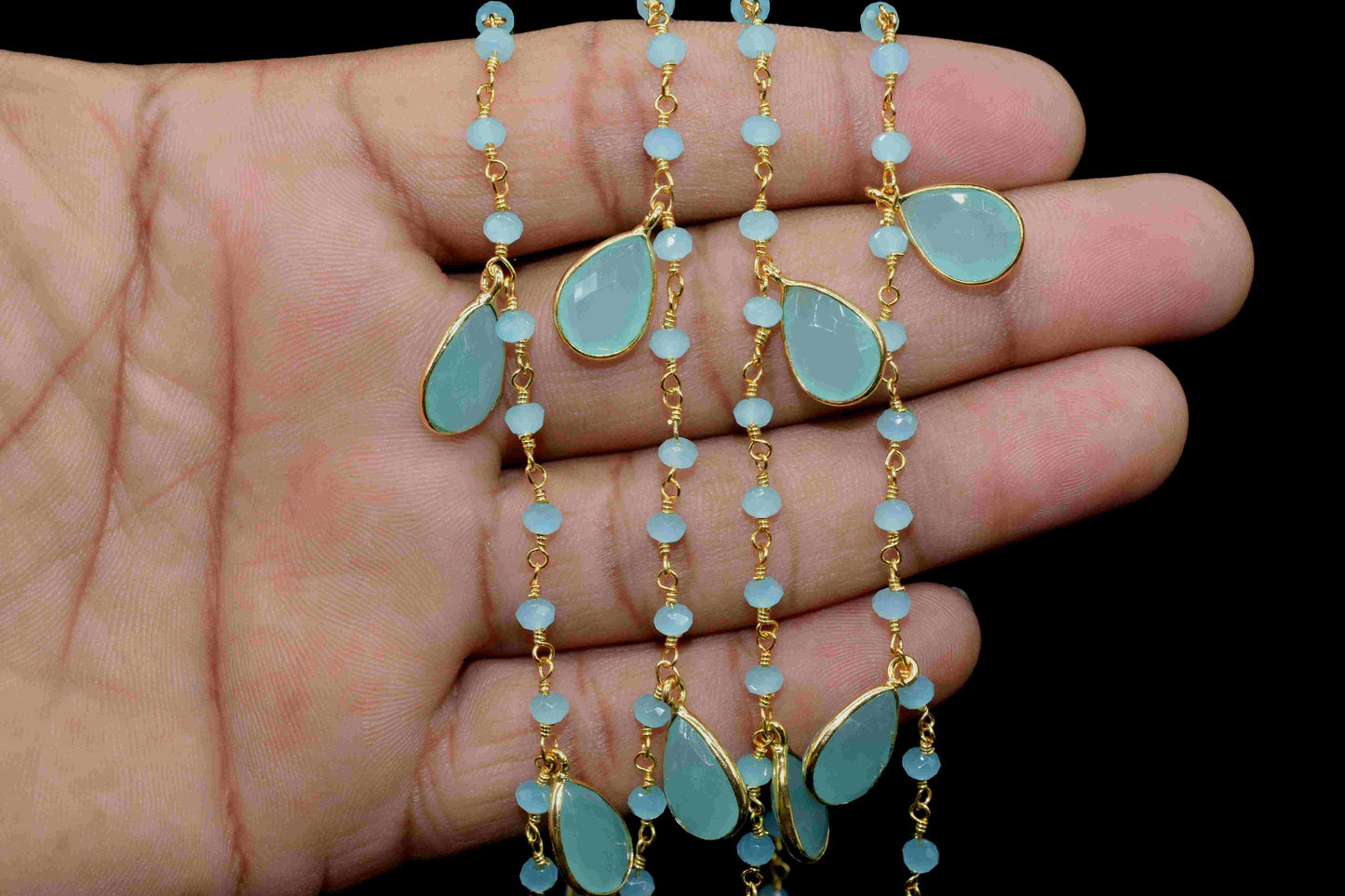 Aqua Chalcedony 8x12mmTeardrop Shape Bezel Chain,Chalcedony Faceted Beads Chain,Handmade Bezel Link,Aqua Jewelry,Beads Jewelry Making Chains