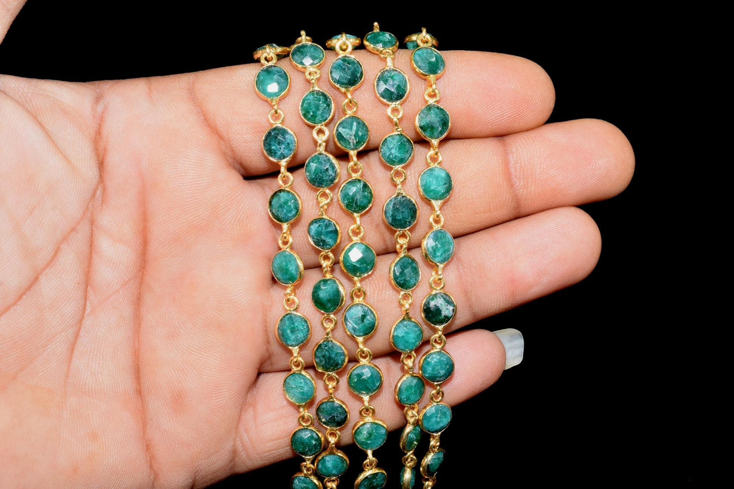 Emerald Faceted Bezel Connector,Finding Round Bezel Chain,handmade Jewelry Chain,Station Link Chain,Emerald Round Beads Chain necklace,Gift