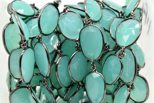 Aqua Chalcedony Bezel Connector Chain,Free form Size Faceted Gemstone Connector Chain,Handmade Bezel Link Chain,Gold Plated Bezel Link Chain