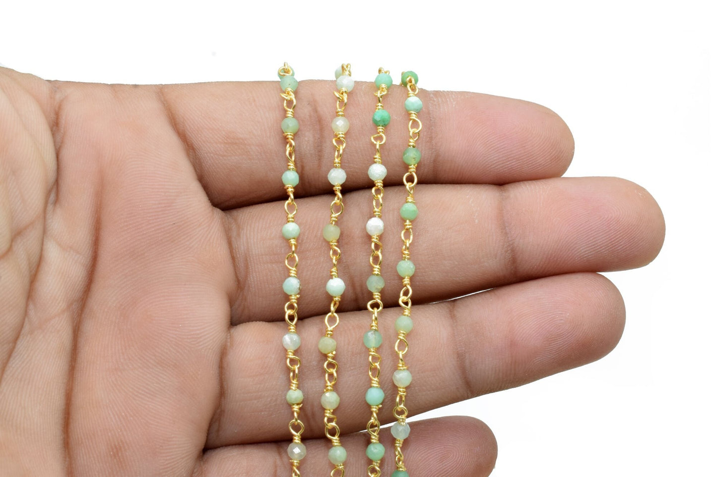 Chrysoprase 3mm Beaded Chain,Chrysoprase Rosary Chain,Wire Wrapped Gold Chain,Chrysoprase Gold Wire Wrapped Rosary Chain,Rosary Beaded Chain