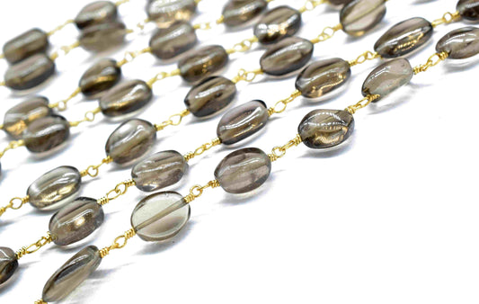 Smoky Quartz smooth Beads Rosary Jewelry,Smoky Gemstone Oval Shape Gold Plating Chain,Smoky beaded Chain,Smoky Wire Wrapped Beads Link Chain