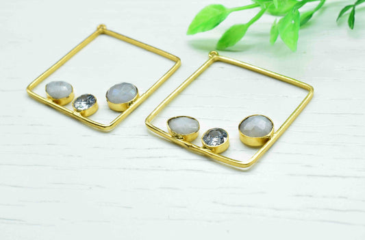 Moonstone 32mm Square Shape Component, Gemstone Single Bail Connectors,Moonstone Square Pendant, Moonstone Gold Plated bezel, Jewelry Making