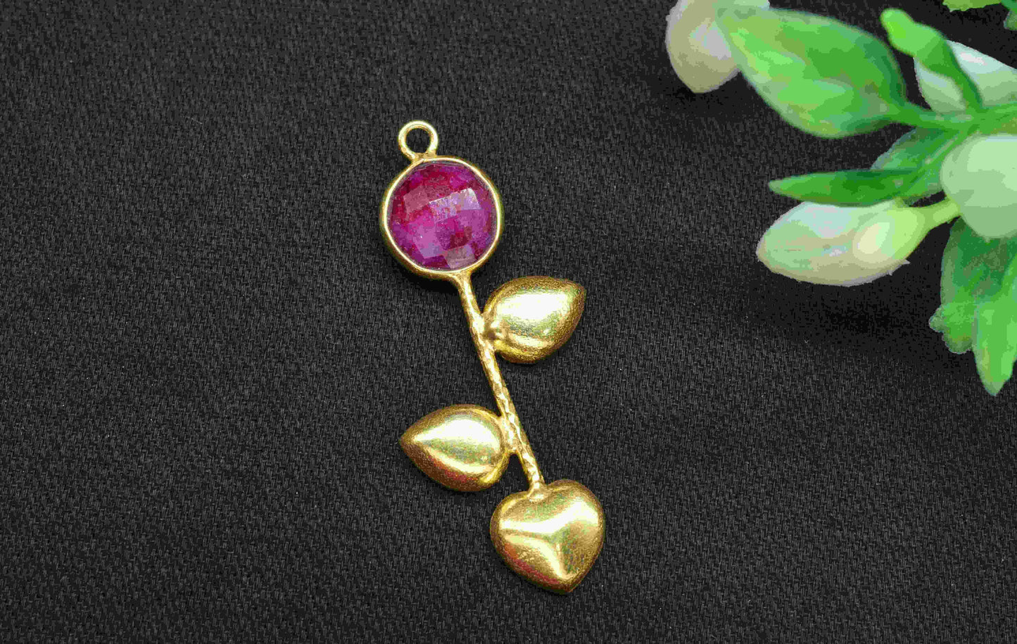 Ruby Round Shape Pendant , Ruby Single Bail Charms ,Genuine Gemstone Charms , Gold Plated Gemstone Connectors , Summer Collection