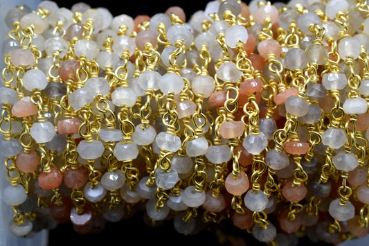 Multi Moonstone 3mm Beaded Chain,Multi Moonstone Wire Wrapped Chain,Moonstone Brass chain,Jewelry Making Chain,Moonstone Beads rosary chain