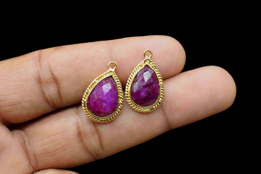 Ruby Teardrop Shape Connector,Gold Plated Link Connectors,Ruby 9x13mm Bezel Charms Connectors,Handmade Connector Jewelry,Ruby Charms Jewelry