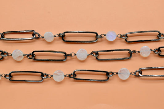 Foot Rainbow Moonstone Black Rosary Chain, Connector Chain by foot, Rainbow Moonstone Connector Chain, Bezeled Chain,Finding Connector Chain