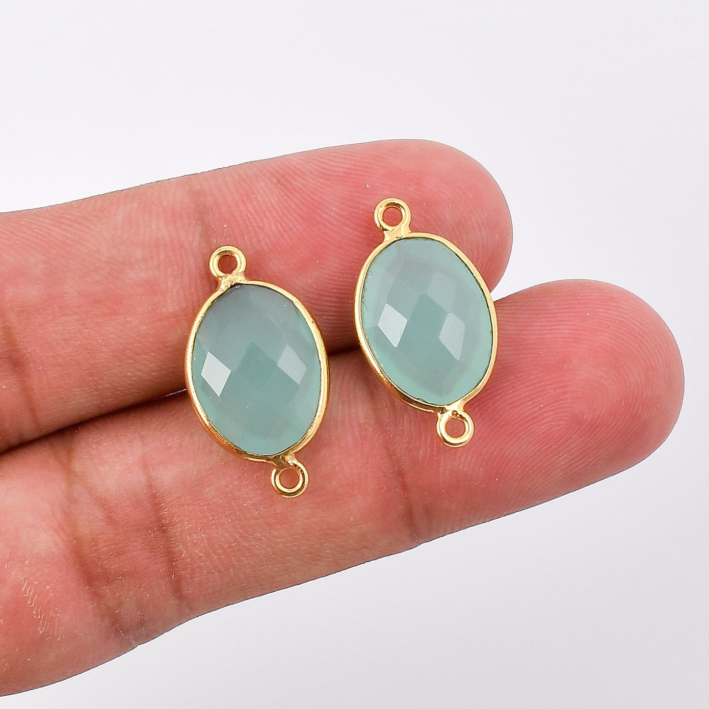 Aqua chalcedony 10x14mm Oval double connector charms,Chalcedony wholesale bezel,chalcedony Bezel,Gold Vermeil Bezel,jewels Gold-Filled bezel