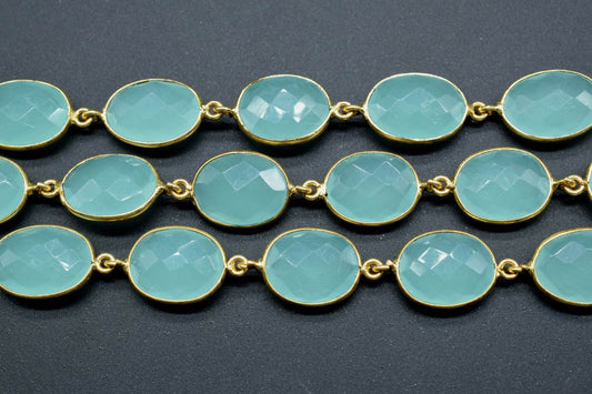 Aqua Chalcedony Oval Connector Chain,Chalcedony Gold Bezel Connector Chain,Oval Aqua Chalcedony Faceted Gemstone,Gold Plated Rosary Chain