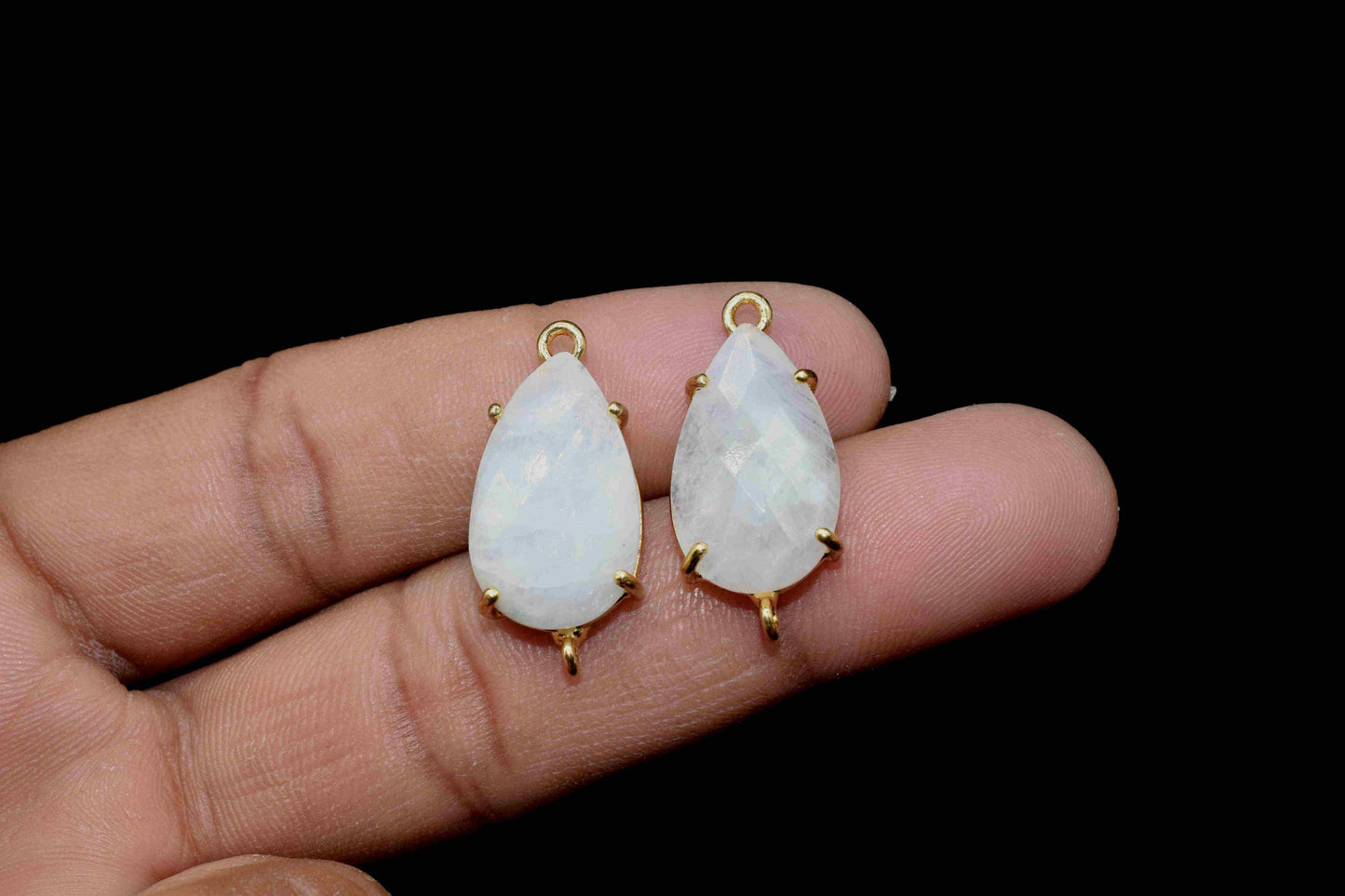 Rainbow Moonstone Connector,Moonstone jewelry meking,Teardrop Bezel,double bail connectors,Handmade Gemstone Bezel,Prong Set Bezel Pendant