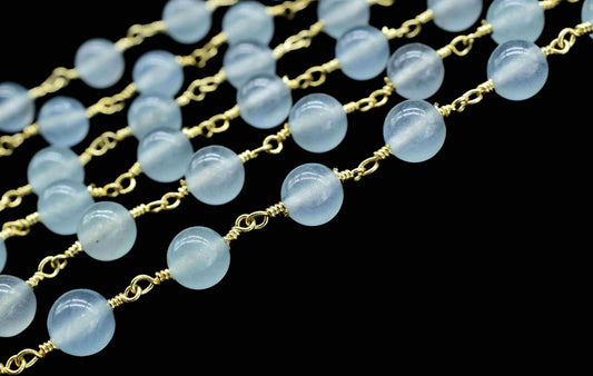 Blue Chalcedony gemstone 6mm Smooth Beads Rosary,Bulk Wholesale Beads Chains,Chalcedony Beads Chains,Blue Quartz Wire Wrapped Rosary Chain