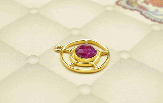 Ruby Gemstone Component, Single Bail Charm , Ruby Connector Pendant , Gold Plated Connectors , Earring Component , B'day Gift