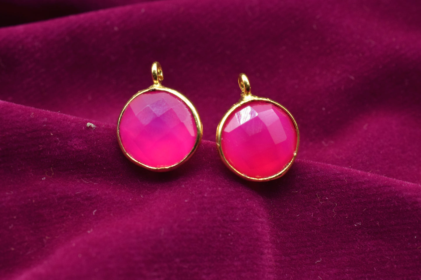 Pink Chalcedony 10mm Earring connector Stud post setting with loop hoop open bail,Hot Pink Chalcedony Round Gold Plated Earring With Loops