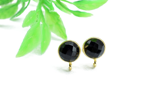 8mm Round Earring Connector,Black Gemstone Ear Post Studs,Black Onyx Earring Connectors,DIY Jewelry Making Supply,Round Connector