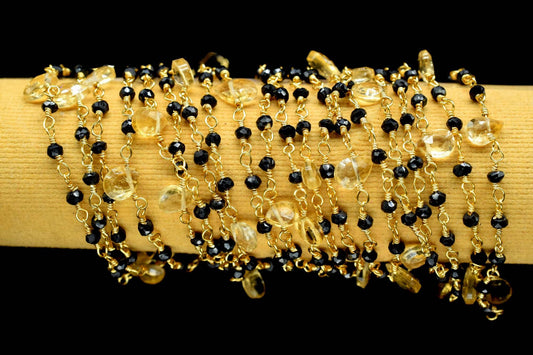 Black onyx Rosary Chain,Faceted Beaded Chain,Wire Wrapped gold Plated Chain,citrine briolette rosary,multi gemstone,handmade,jewelry making