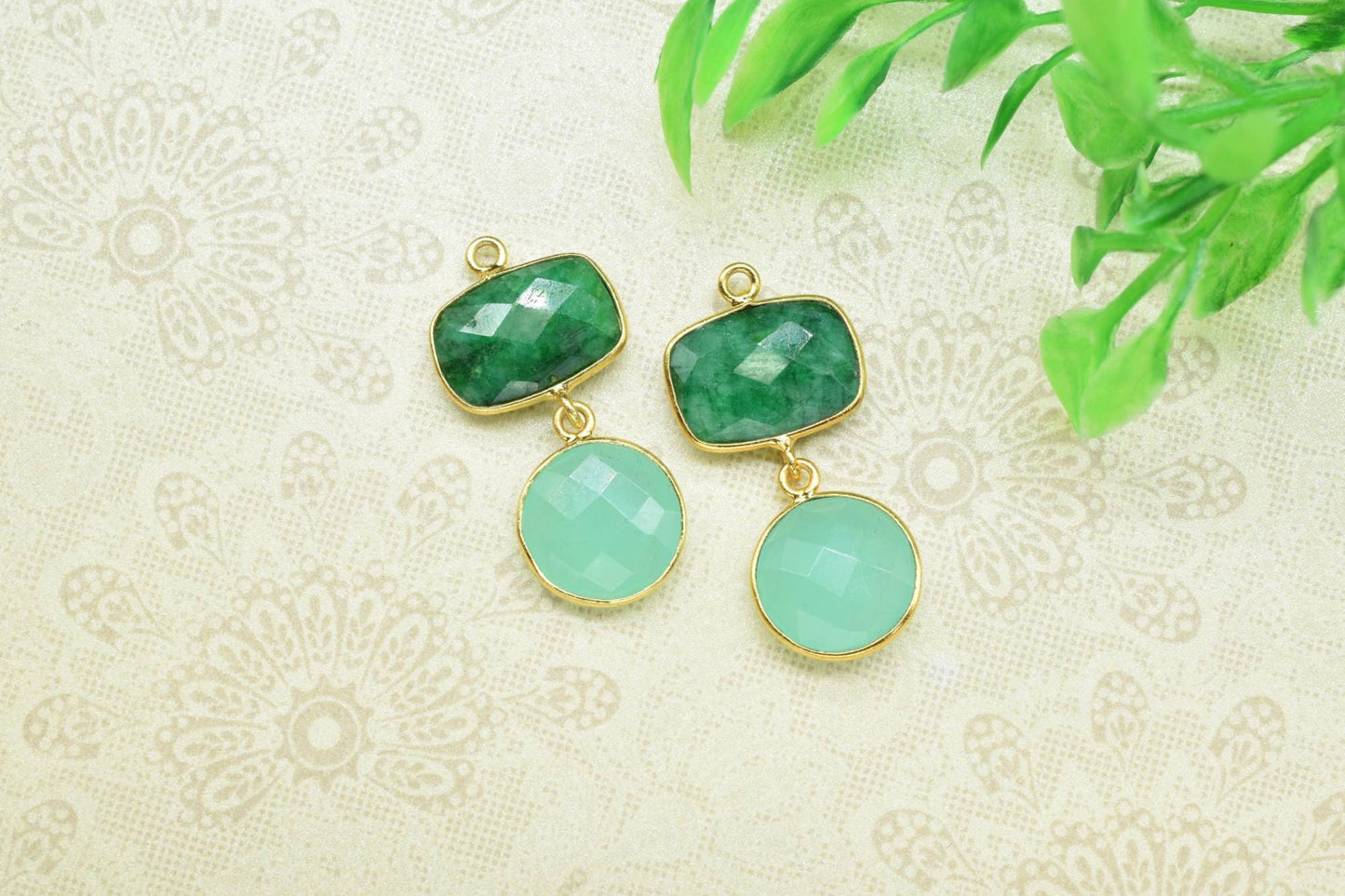 Emerald Dangle Component Earrings,Station Bezel Link,Gemstone Connector,Multi Stone Jewelry,Aqua Quartz pendant Connector,Handmade Jewelry,