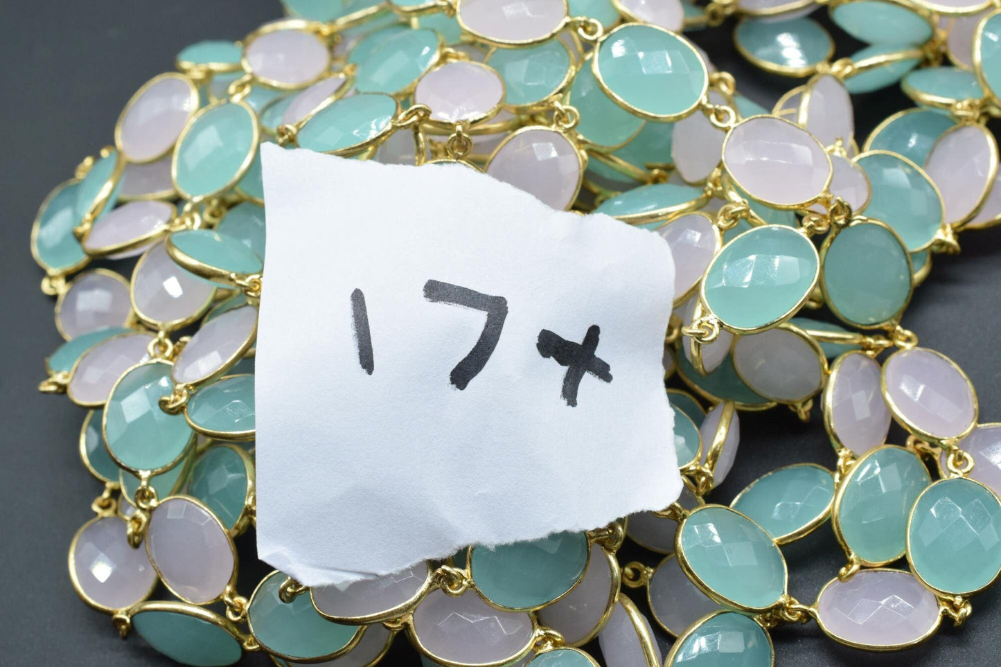 Aqua Chalcedony & Pink chacledony oval Connector Chain,Chalcedony Gold Bezel Connector Chain,Gemstone Gold Plated Rosary Chain,Bezel chains