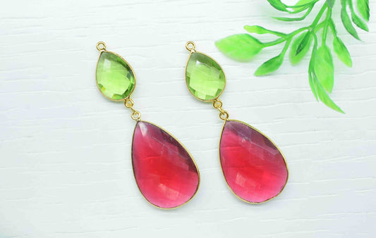 Pink Tourmaline Dangle pendants,Station Bezel Link,Multi Gemstone Connectors,Peridot pendant Charms,Component pendant,Handmade Bezel Jewelry