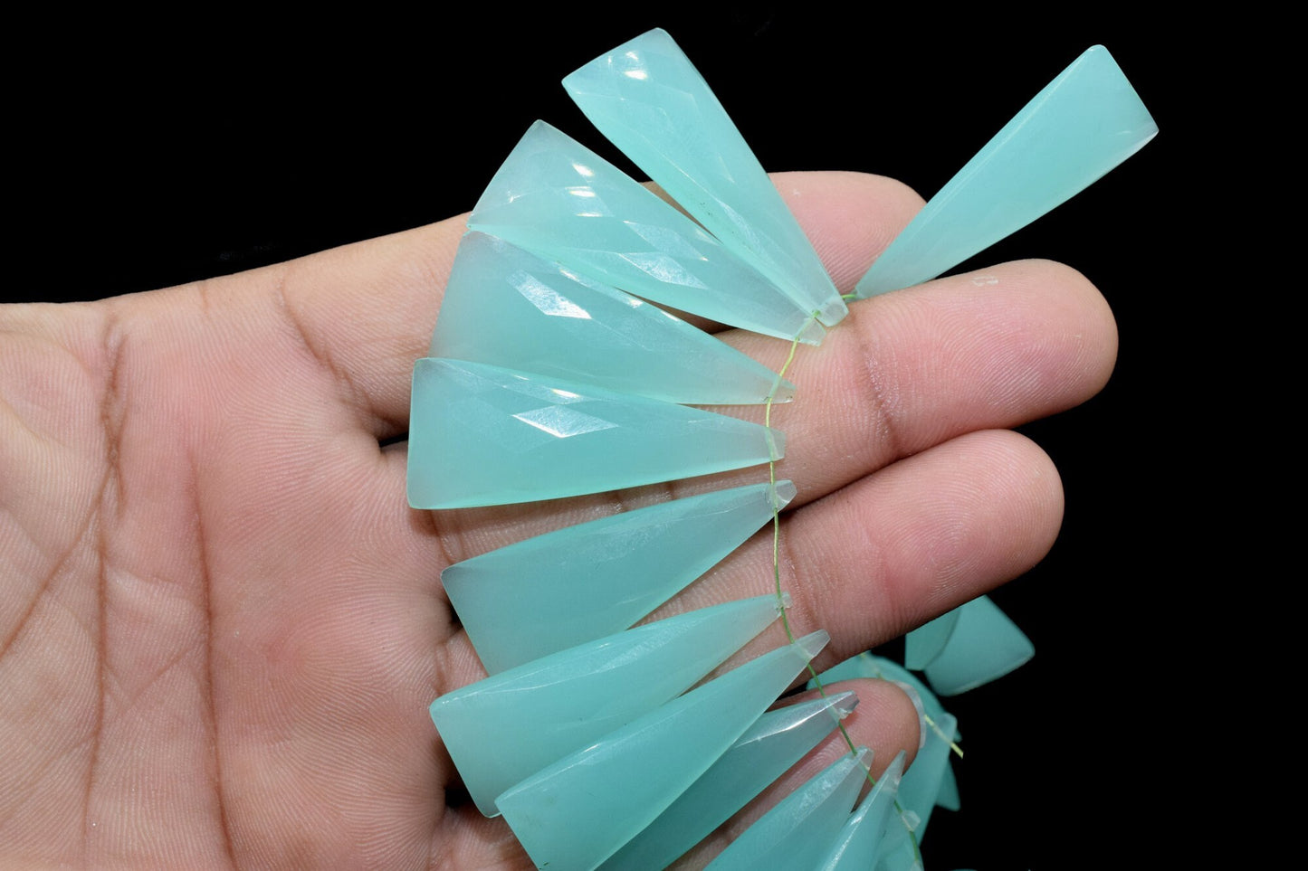 Aqua Chalcedony Long Trillion shape 15x35mm Briolettes,Aqua Chalcedony Briolette,Fancy shape Briolette,jewelry supplies,Chalcedony briolette