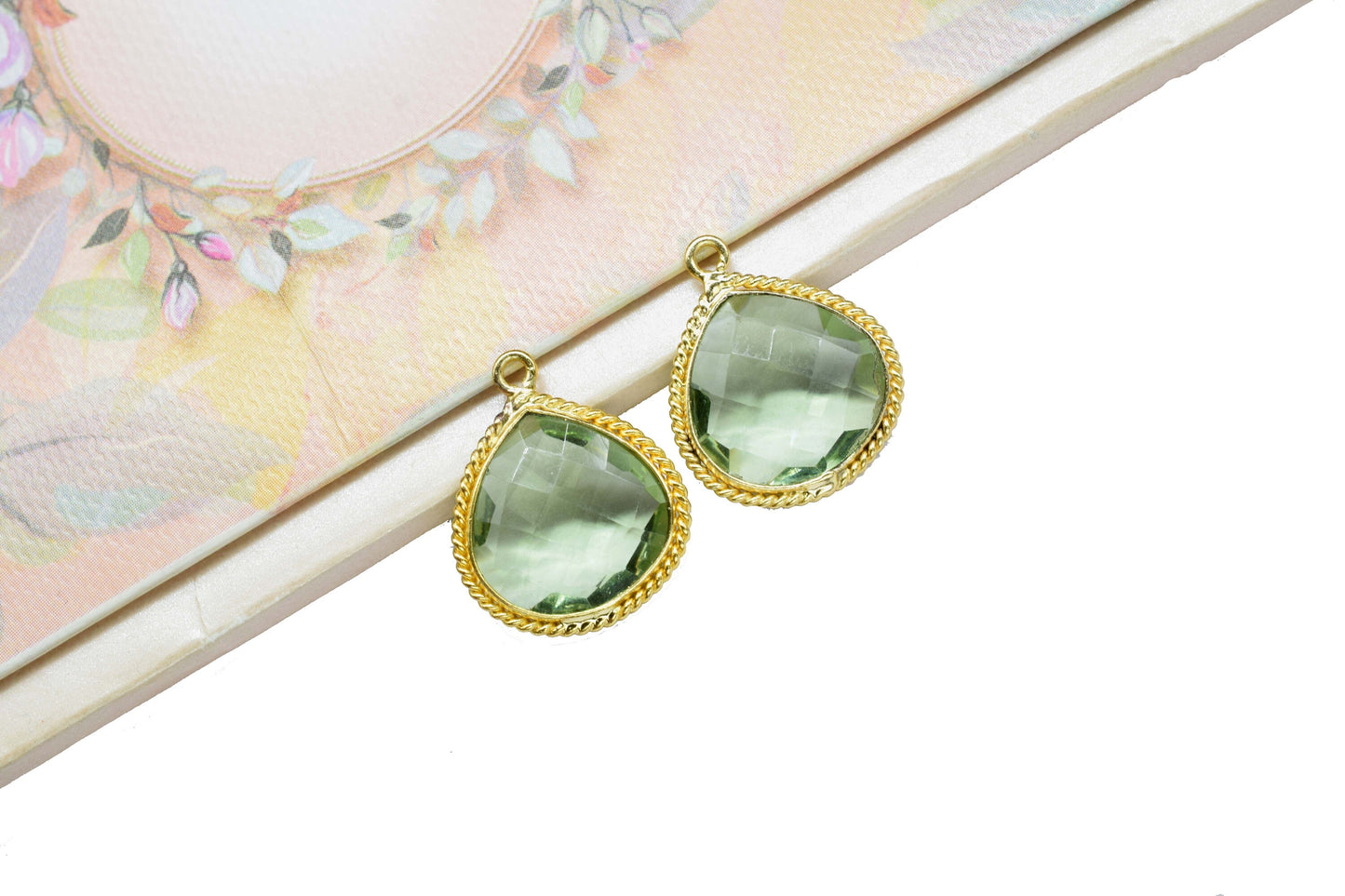 Green Amethyst Quartz 14mm Heart Shape charms,Green Amethyst Brass connector Gold Plating Jewelry Making Charms,Amethyst Single Bail Pendant