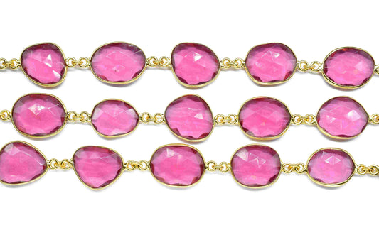 Pink Tourmaline Bezels Link Chain,Tourmaline Irregular Shape Bezels Chain,Gold Plated Gemstone Bracelet Bezels Chain,Tourmaline Quartz Chain