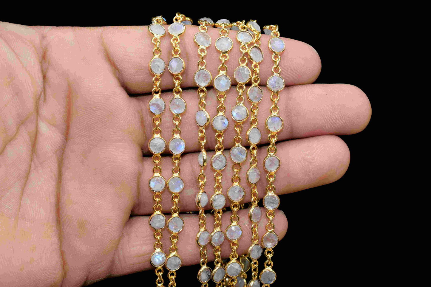 Rainbow Moonstone Bezel Chain Connector, Gold Plated Gemstone Chain, Bracelet Chain,Round Bezel Beads Rosary Chain,Rainbow Jewelry Connector