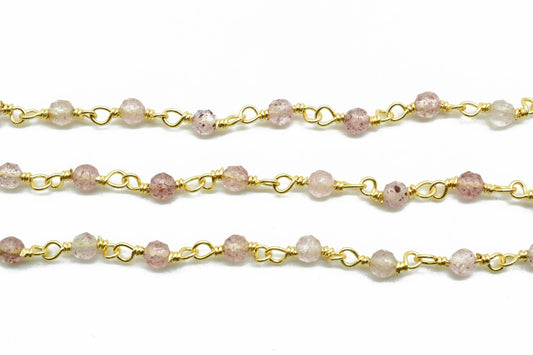 Berry Quartz 3mm Beaded Chain,Berry Quartz wire wrapped chain,Gold chain,rosary chain,jewelry making supplies,Gold Plated Wire Wrapped Chain