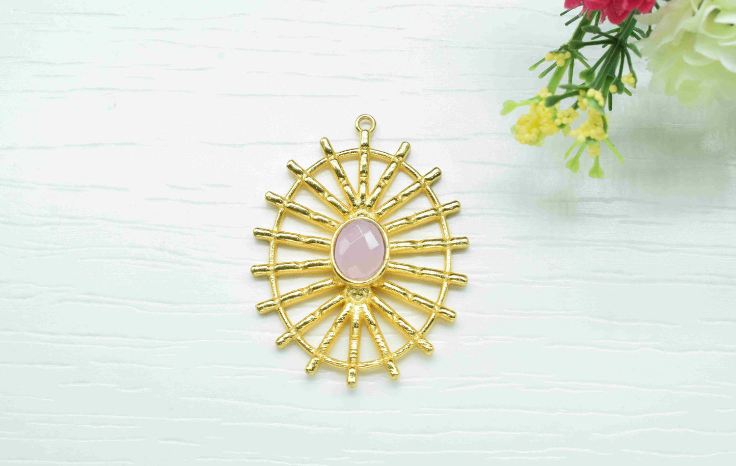 Rose Quartz Gemstone Component Single Bail Charm, Rose Quartz Connector Pendant, Gold Plated Connectors ,Pendant Jewelry, Earring Component