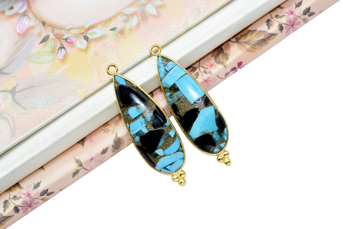 Blue Copper Turquoise 10x30mm Bezel charms,Copper Turquoise Pendant,Station Bezel Link Jewelry Supplies,Connector Pendant,Gemstone Teardrop