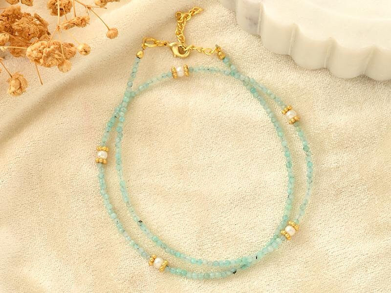 Natural Amazonite Faceted Beaded Choker, Bracelet, Tiny 2mm Blue Gemstone Beads, Daily Layered Necklace Gift for Her, Summer Choker,gemstone