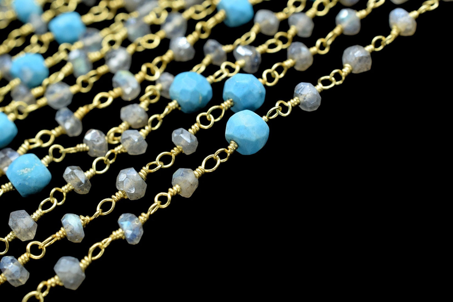 Labradorite 3mm Beaded Chain,Labradorite Rosary Chain,Gold Plating Wire Wrap Chain,Tourquise beaded chain,combination rosary ,dual gemstone