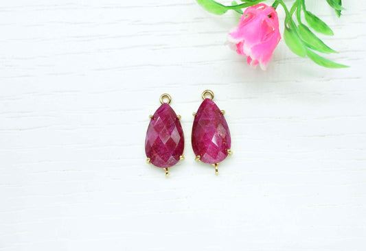 Natural Ruby Connector,Ruby jewelry meking,Prong Set Bezel Pendant,12x20mm Teardrop Bezel,double bail connectors,Handmade Gemstone Bezel